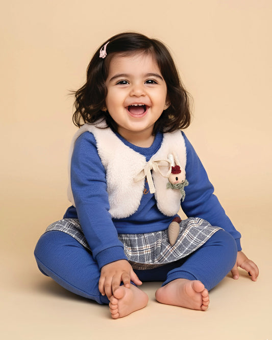 Fur Coat Fleeced Casual Dress With Jogger & Broach Details