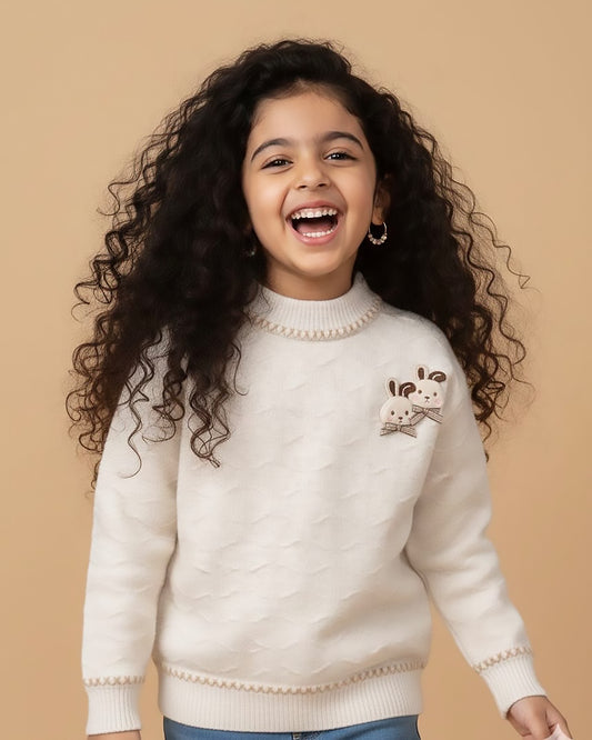 Textured X-Design Collar Sweater with Bunny Brooch Detail