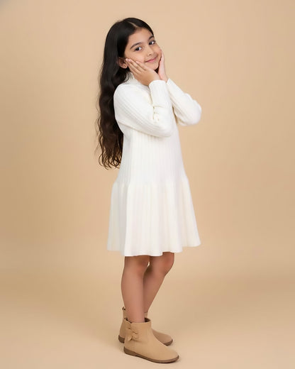 Vertical Textured Sweater Dress Frock with Button Details