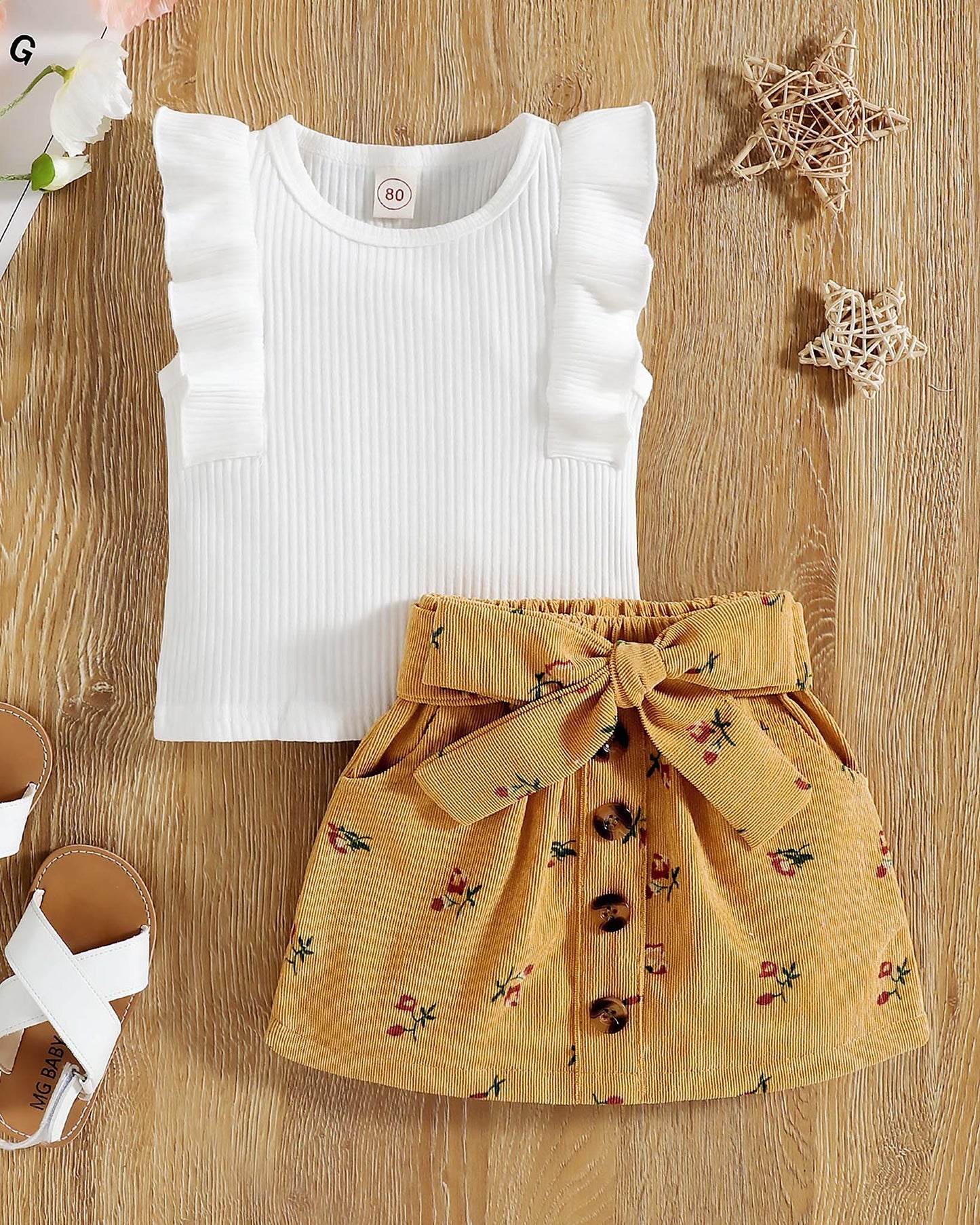 Frill Top With Textured Printed Skirt & Belt Detail