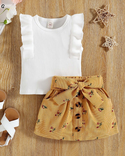 Frill Top With Textured Printed Skirt & Belt Detail