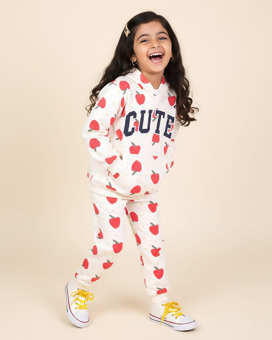 Cute Appliqued Apple Printed Hoodie Co-Ord Set
