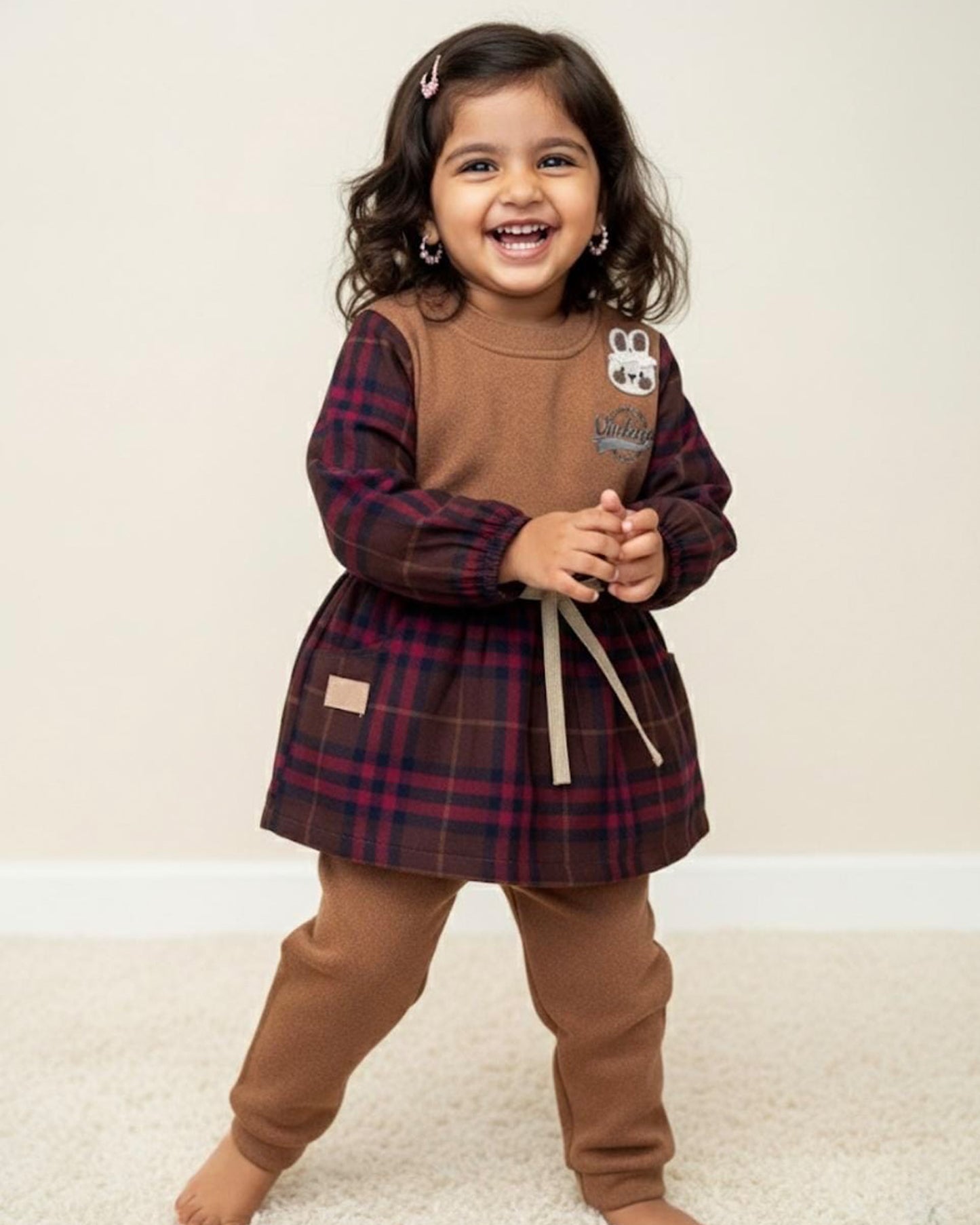 Vintage Check Fleeced Casual Dress Co-Ord Set