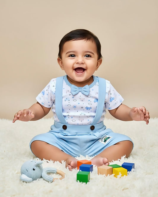 Printed Jumper with Bow Tie & Suspender-Style Shorts