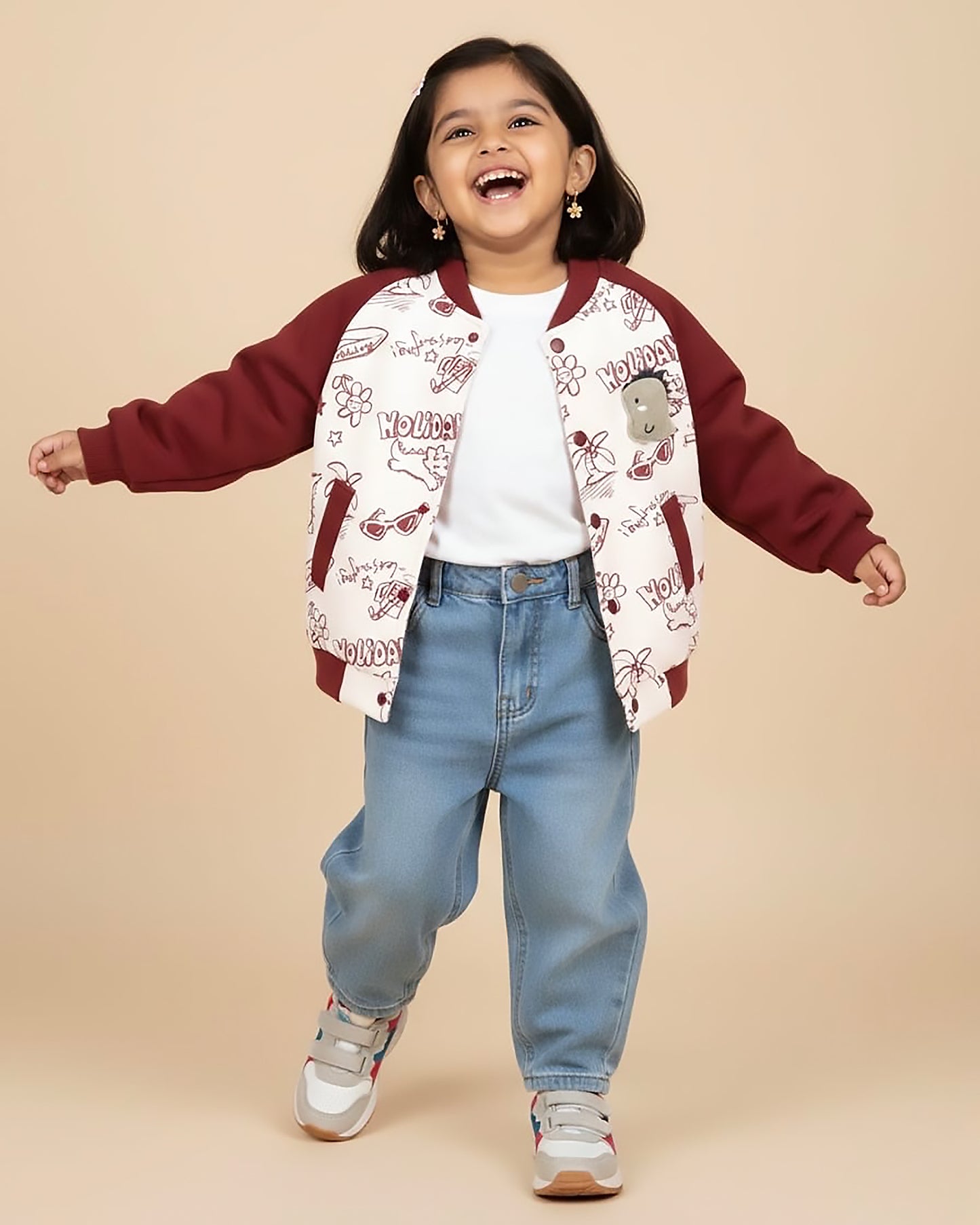 Holiday Graffiti Printed Appliqued Baseball Jacket