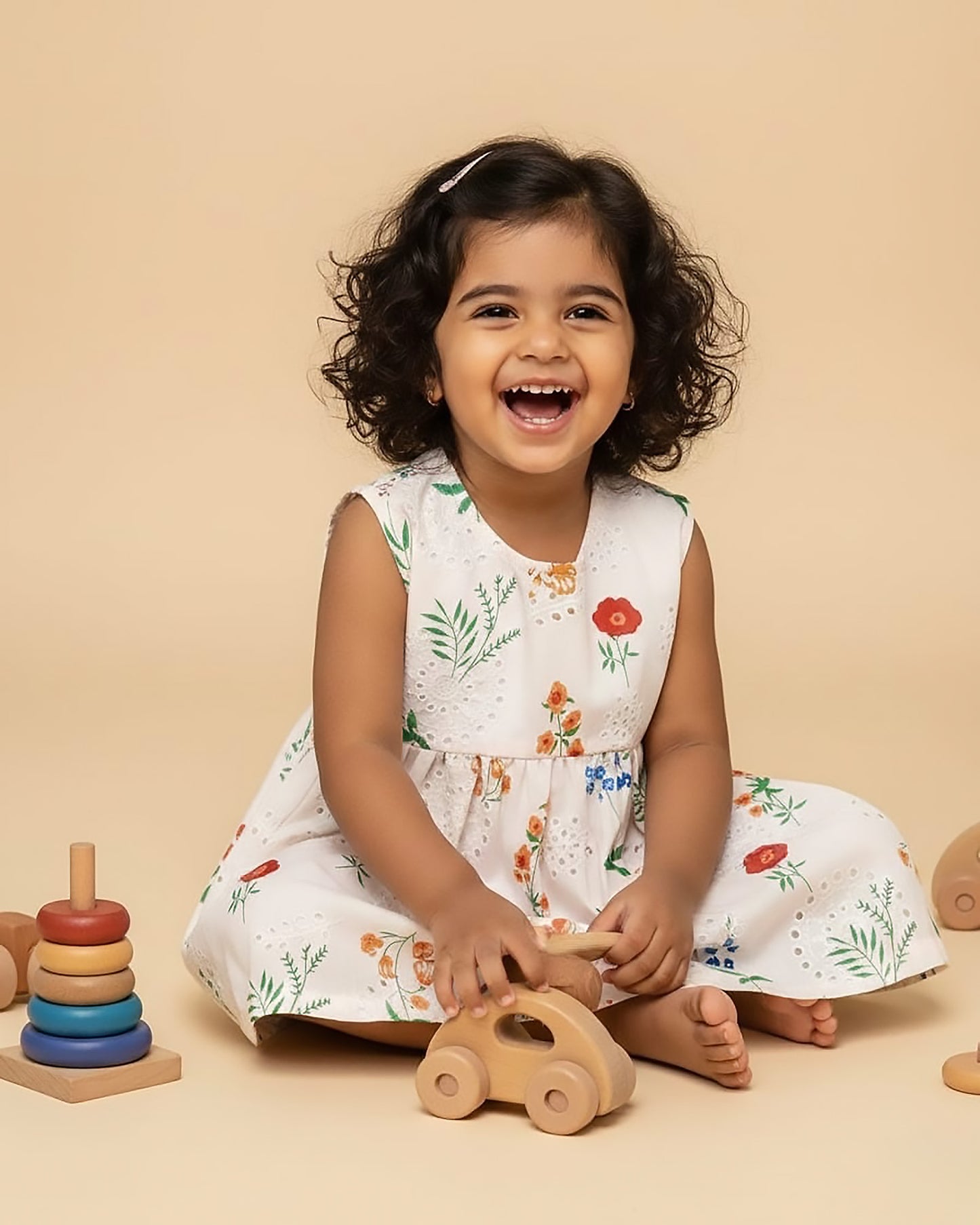 Girls Floral Print Chikankari Casual Dress