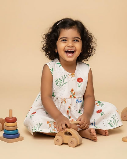 Girls Floral Print Chikankari Casual Dress