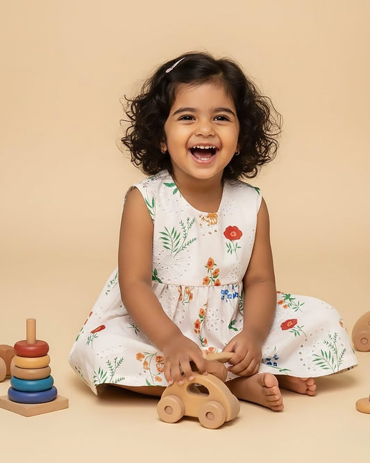 Girls Floral Print Chikankari Casual Dress