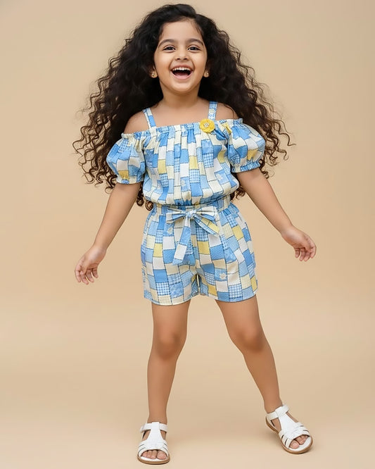 Girls Check Print Blouse and Shorts Set Dress - Yellow & Blue Check