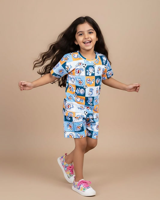 Doremon Check Printed T-Shirt  & Shorts Co-Ord Set