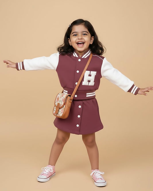 H Appliqued Fleeced Jacket & Skirt Co-ord