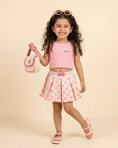 Soft Textured Stripe Top with Polka Skirt Set