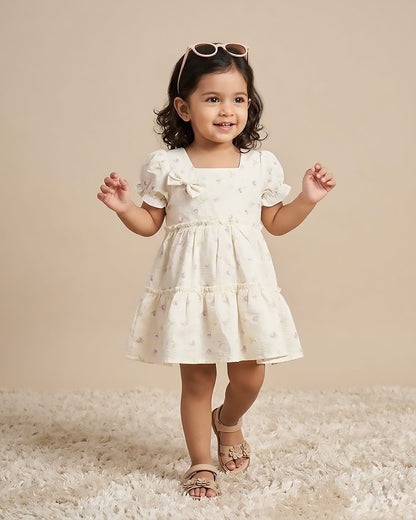 Watercolor Printed Printed Casual Dress With Bow Detail