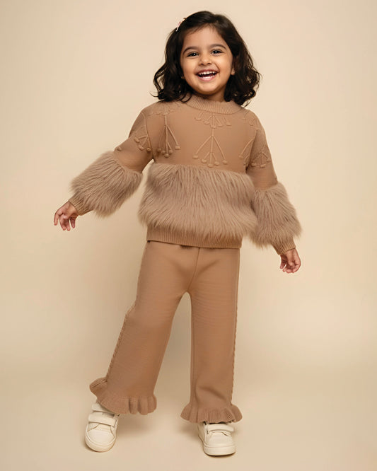 Knitted Textured Sweater Co-Ord Set With Fur Details