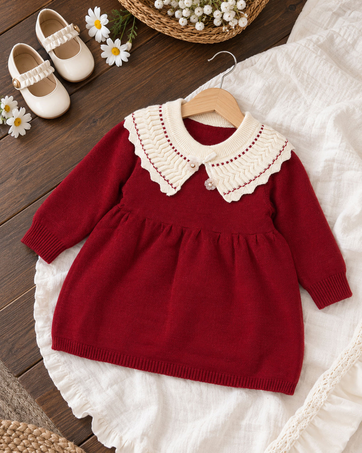 Peter Pan Textured Contrasting Collar Sweater Frock Dress