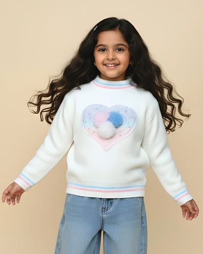 Heart Appliqué Full-Sleeve Pullover Sweater