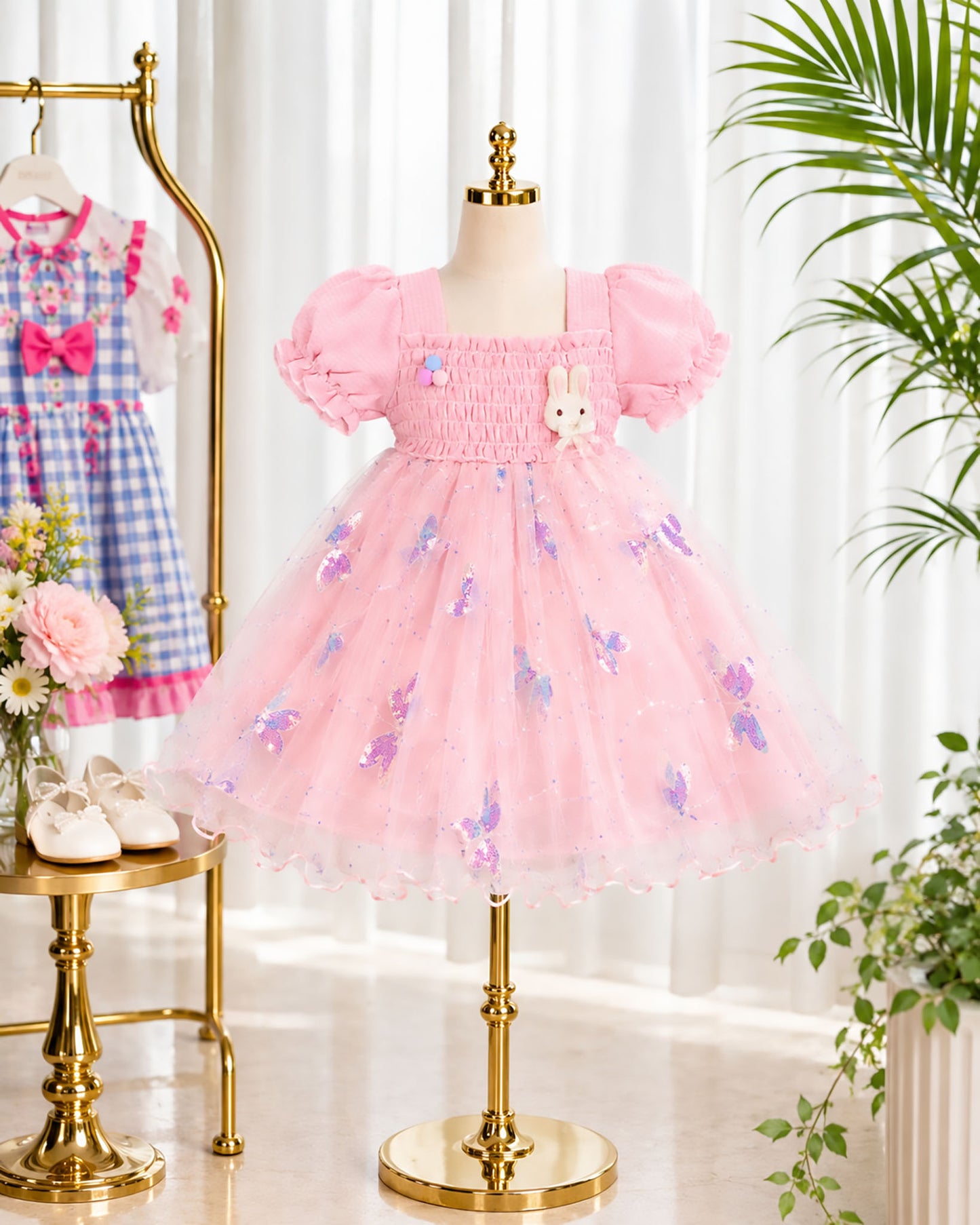 Dragonfly Sequin Smocked Tulle Dress With Brooch Details