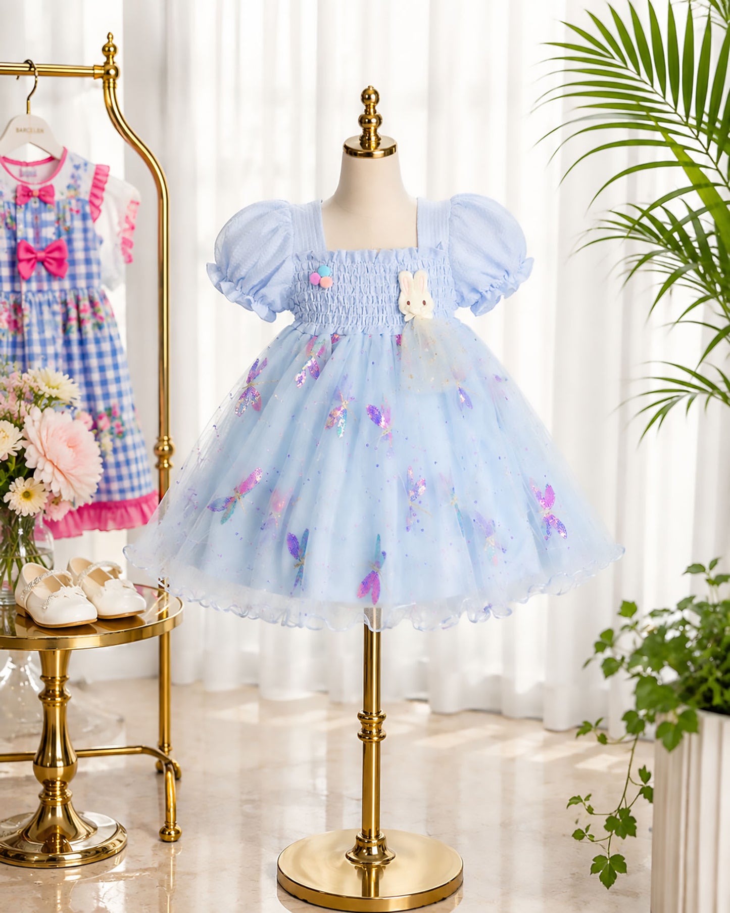 Dragonfly Sequin Smocked Tulle Dress With Brooch Details