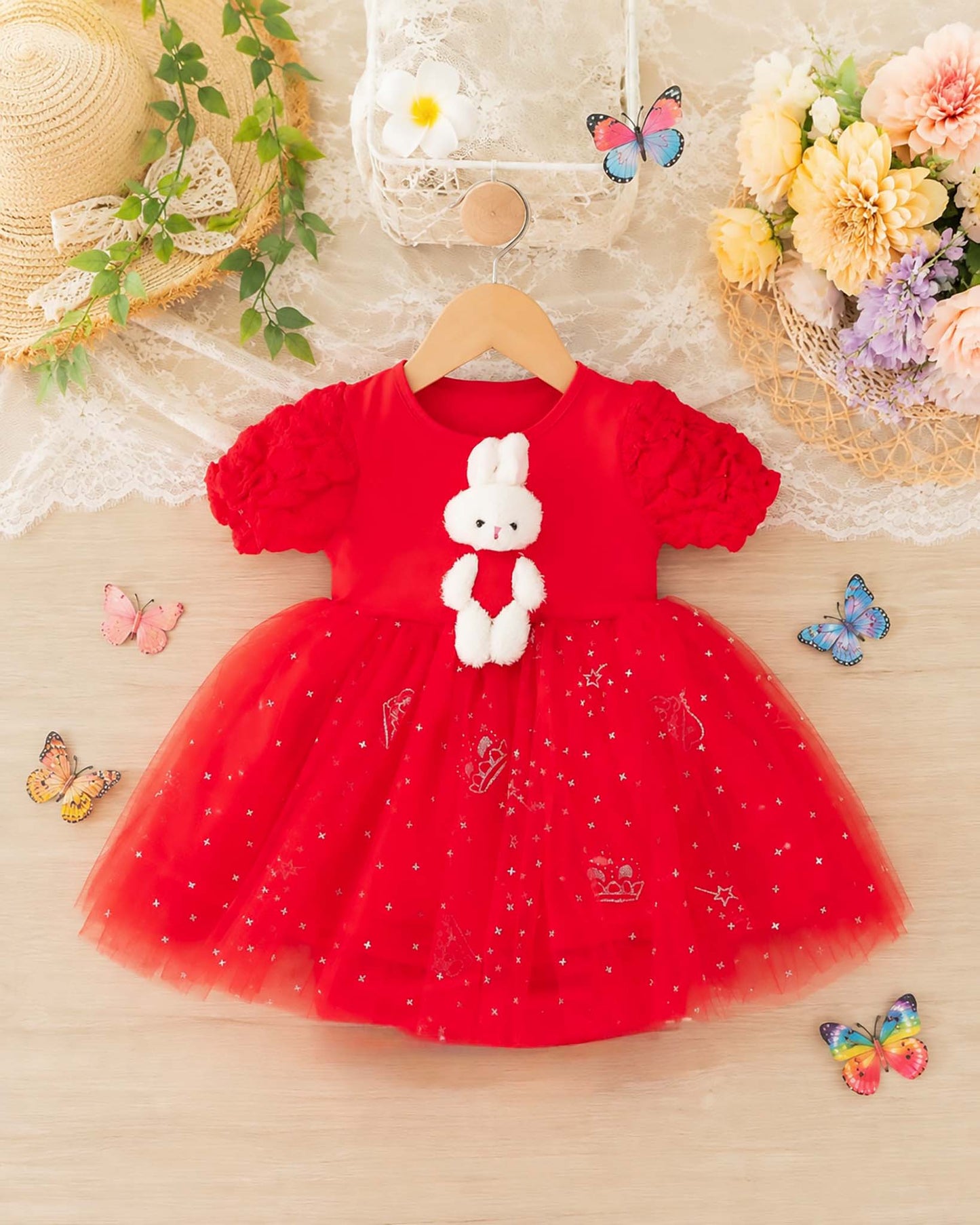 Textured Short Puff Sleeves Tulle Flare Dress