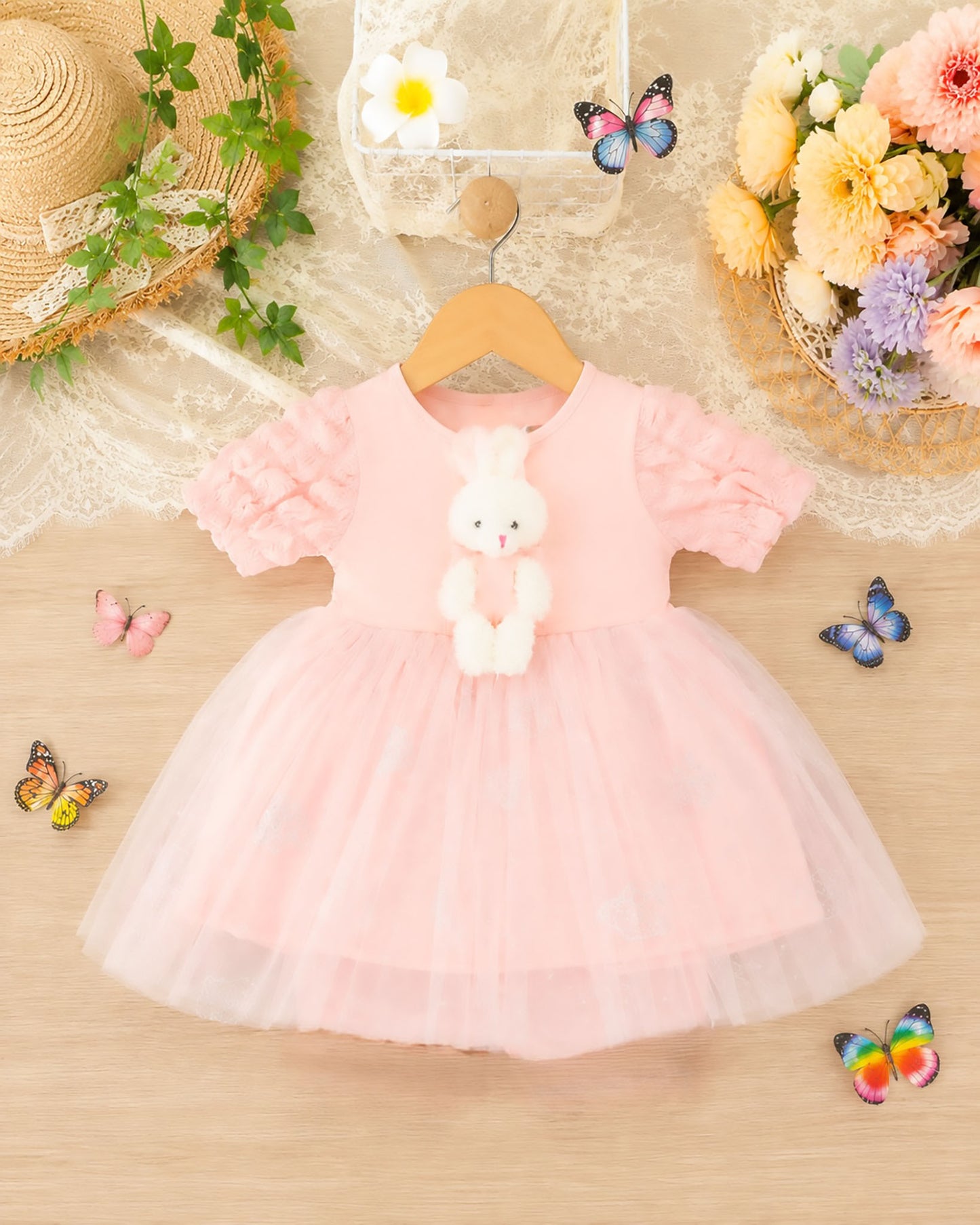 Textured Short Puff Sleeves Tulle Flare Dress