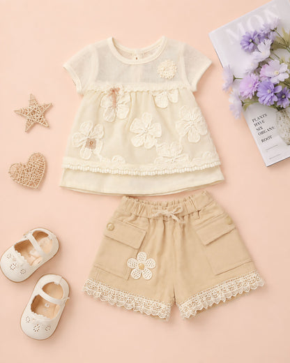 Flower Embroidered Muslin Co-Ord Set With Lace Details