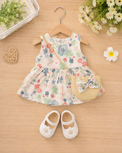 Watercolor Fruit Printed Frock With Bow Straw Bag