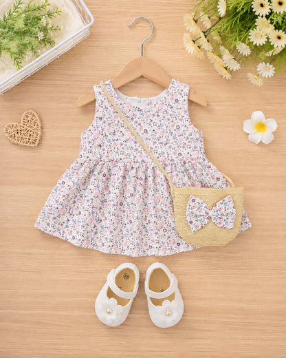 Allover Floral Printed Frock With Bow Straw Bag