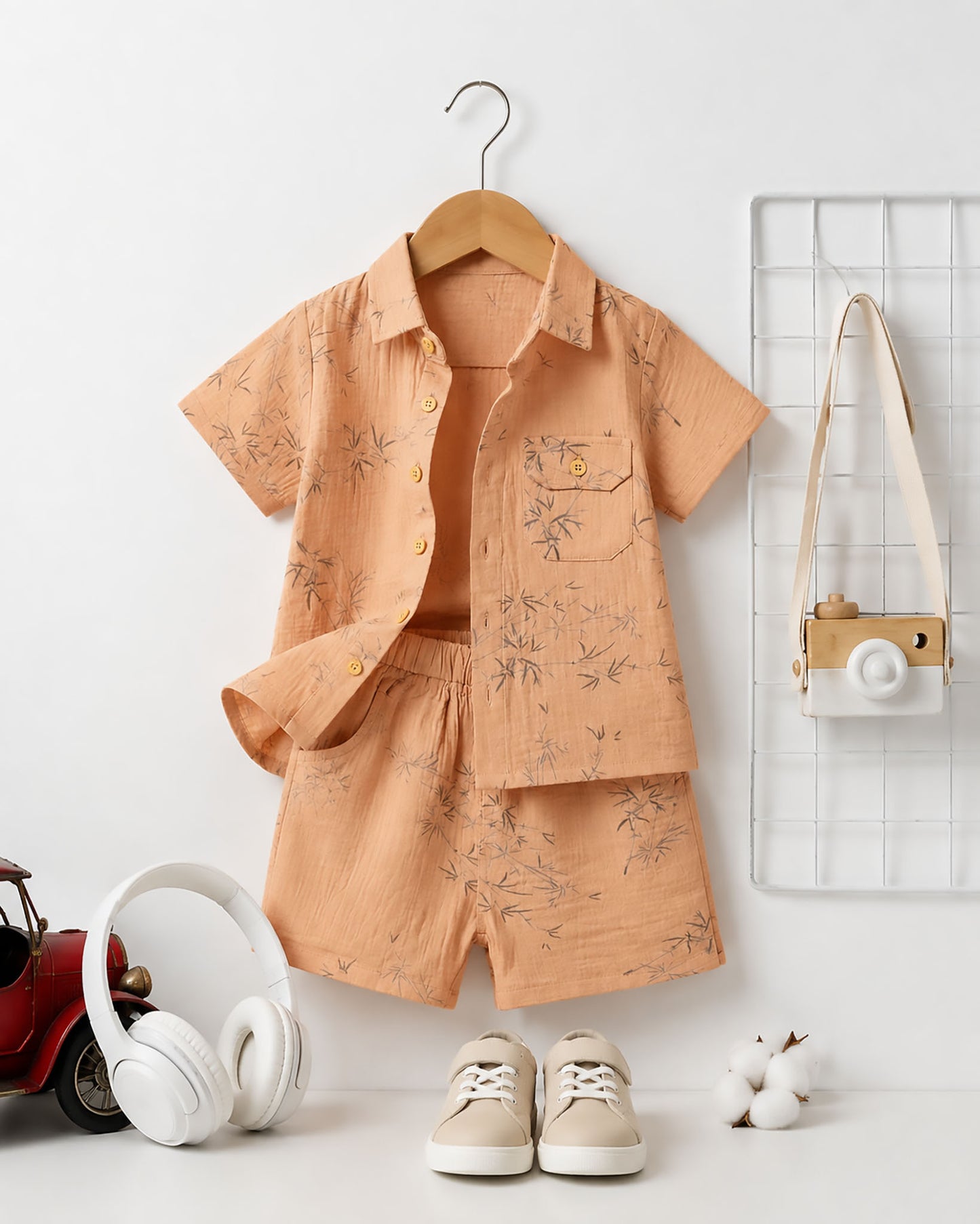 Bamboo Tree Leaves Printed Popcorn Textured Muslin Co-Ord Set