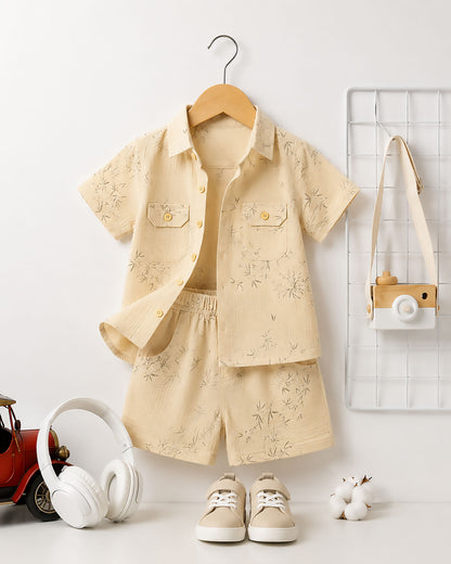 Bamboo Tree Leaves Printed Popcorn Textured Muslin Co-Ord Set