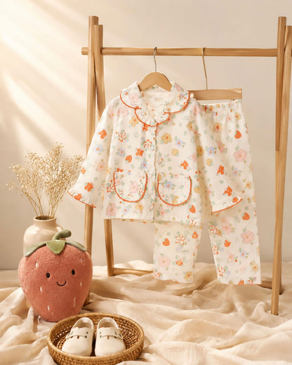 Strawberry Flower Printed Muslin Night Suit