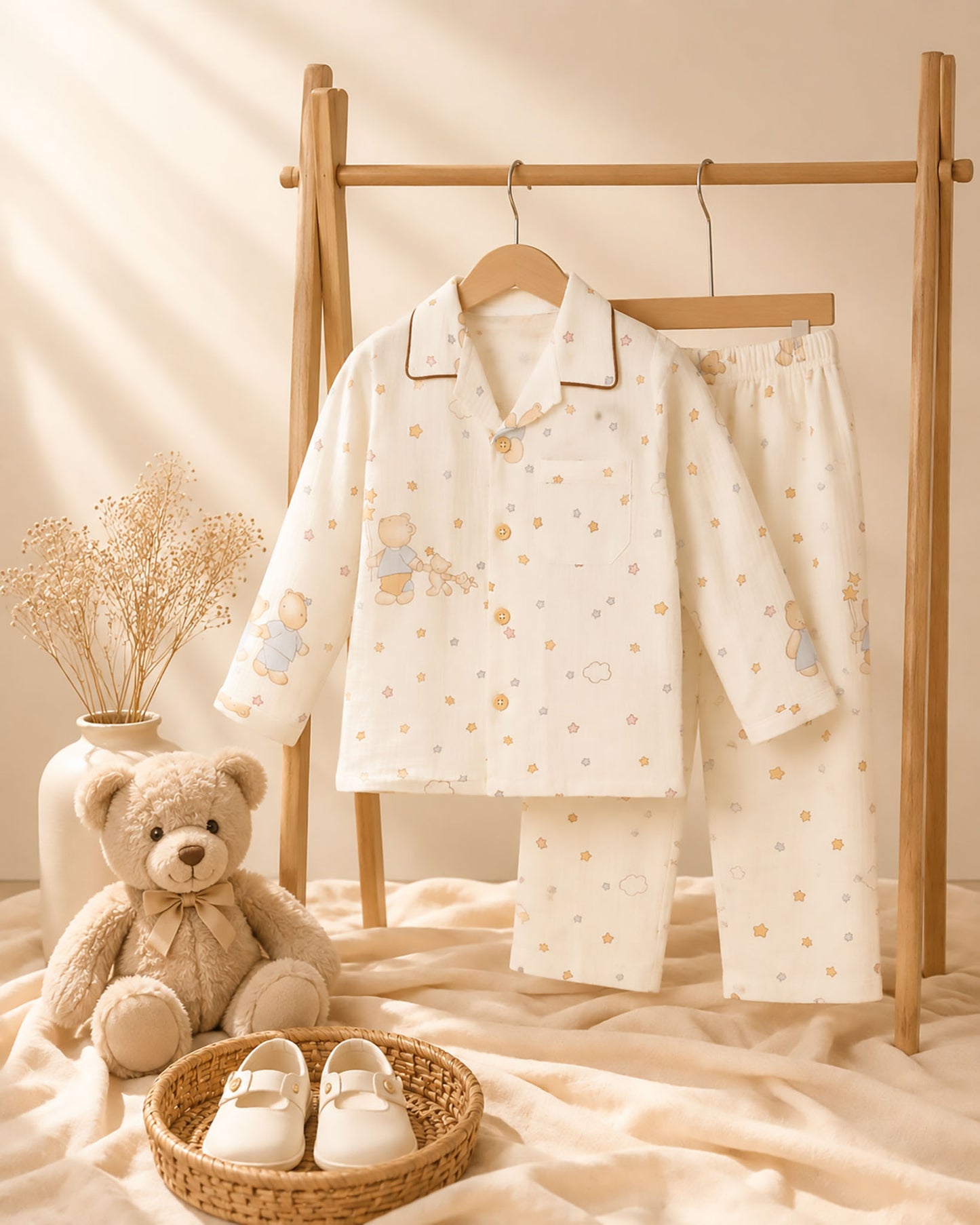 Colorful Star Bear Printed Muslin Night Suit