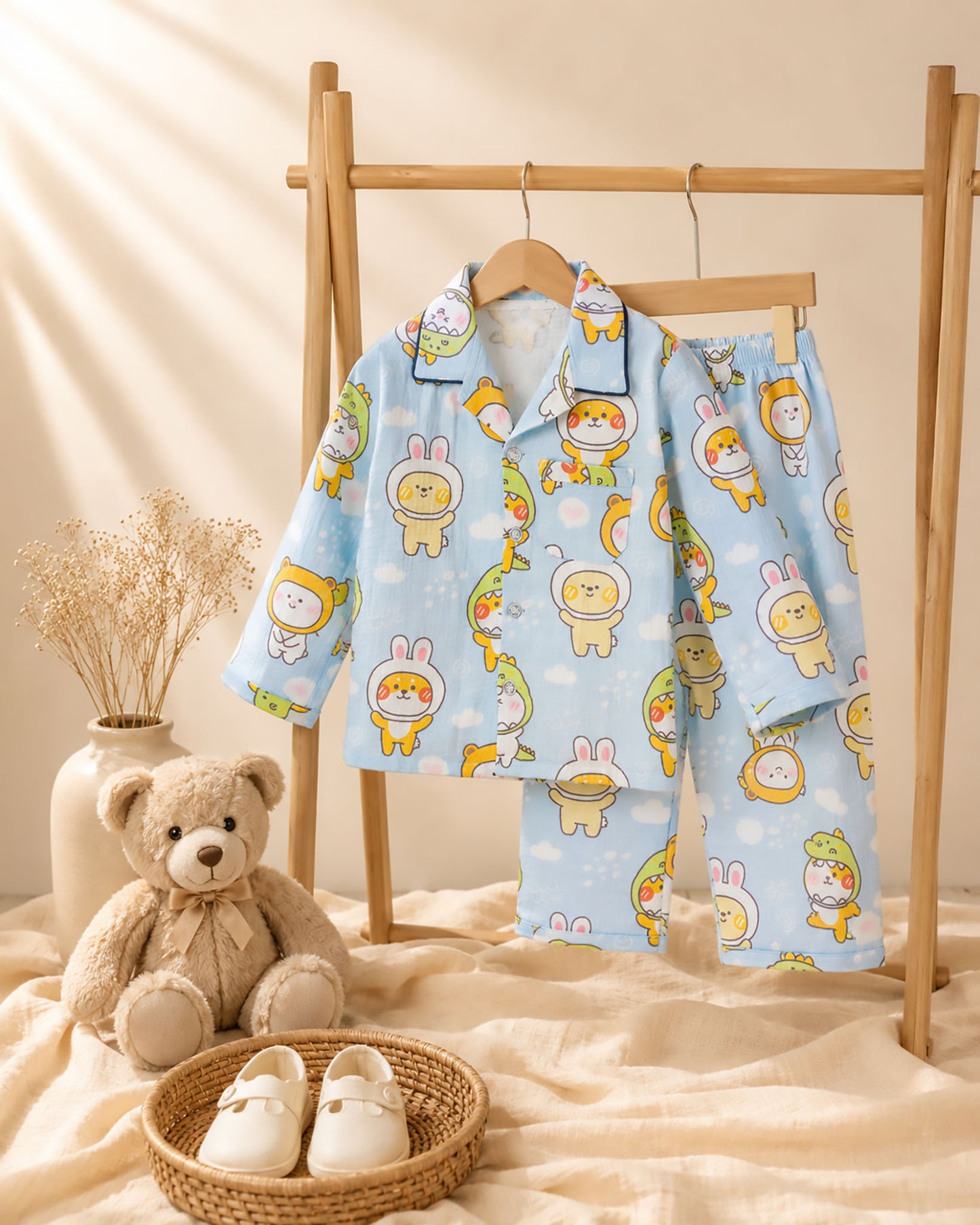 Animal Mask Faces Printed Muslin Night Suit