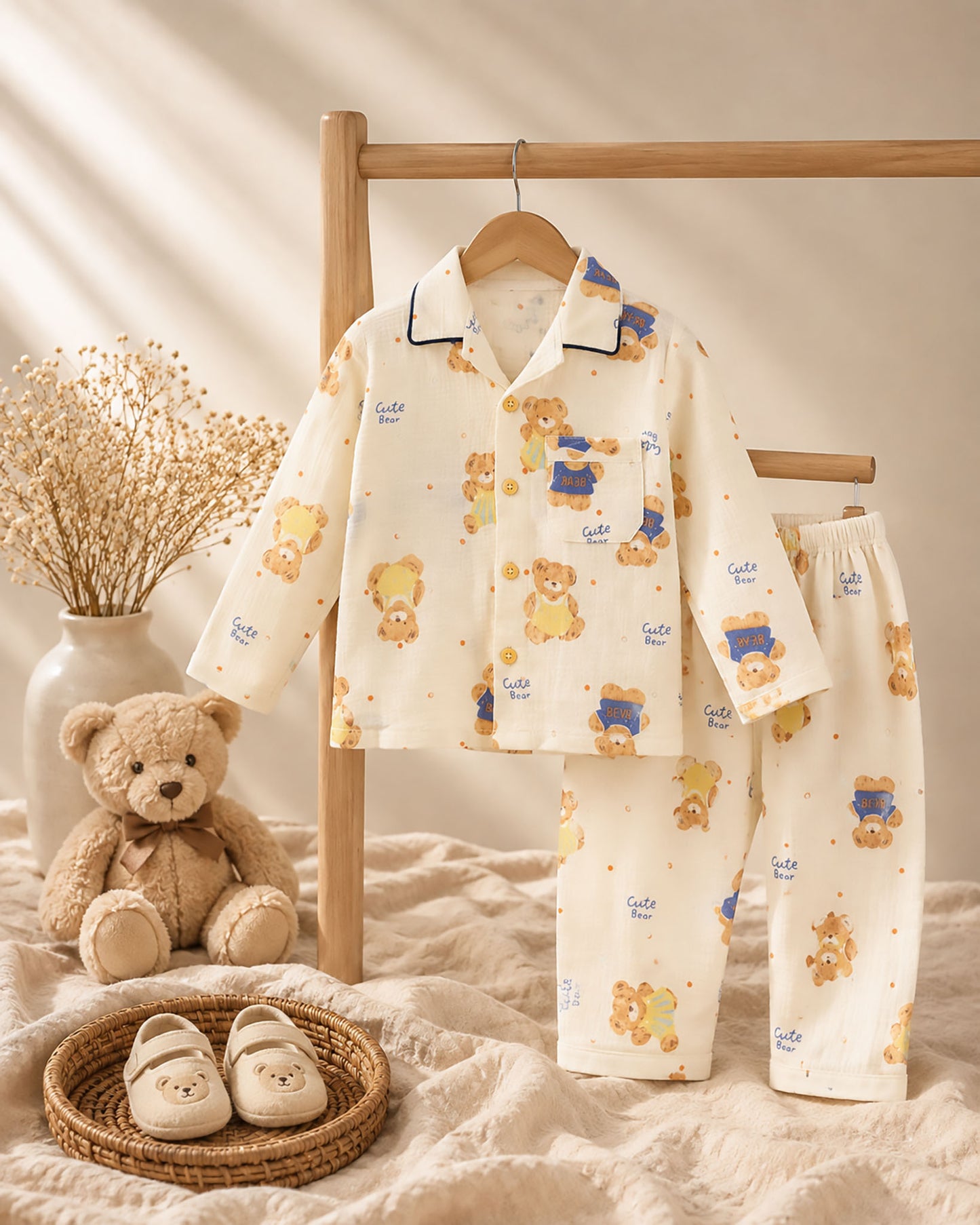 Cute Bear Printed Muslin Night Suit