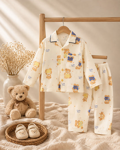 Cute Bear Printed Muslin Night Suit