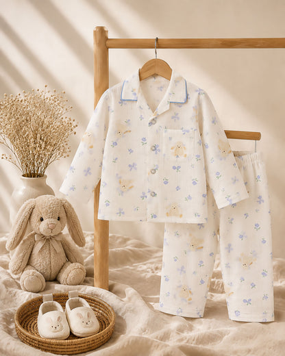 Blue Flower Bunny Printed Muslin Night Suit - Vanilla
