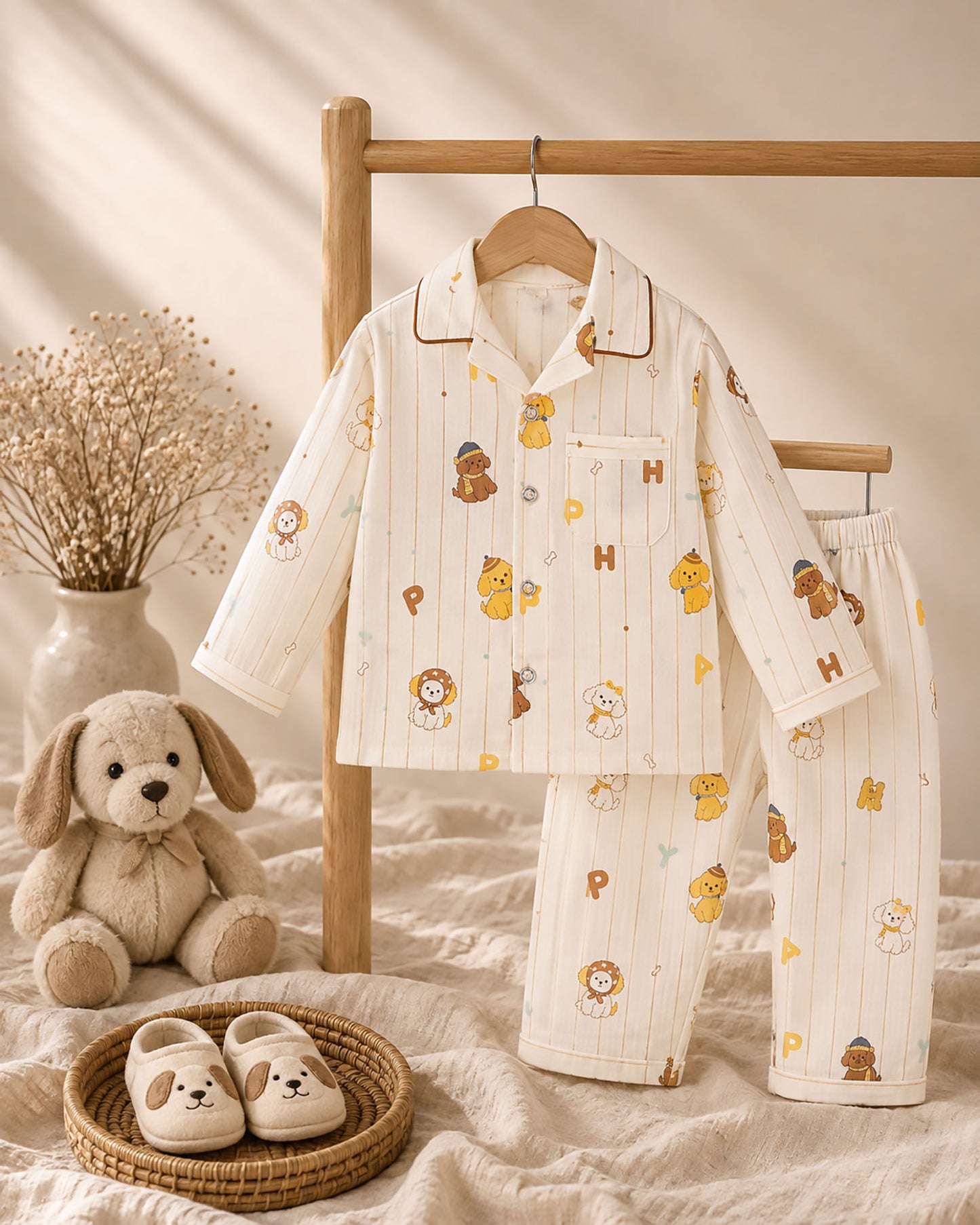 Puppy Letters Vertical Stripe Printed Muslin Night Suit