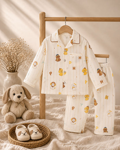 Puppy Letters Vertical Stripe Printed Muslin Night Suit