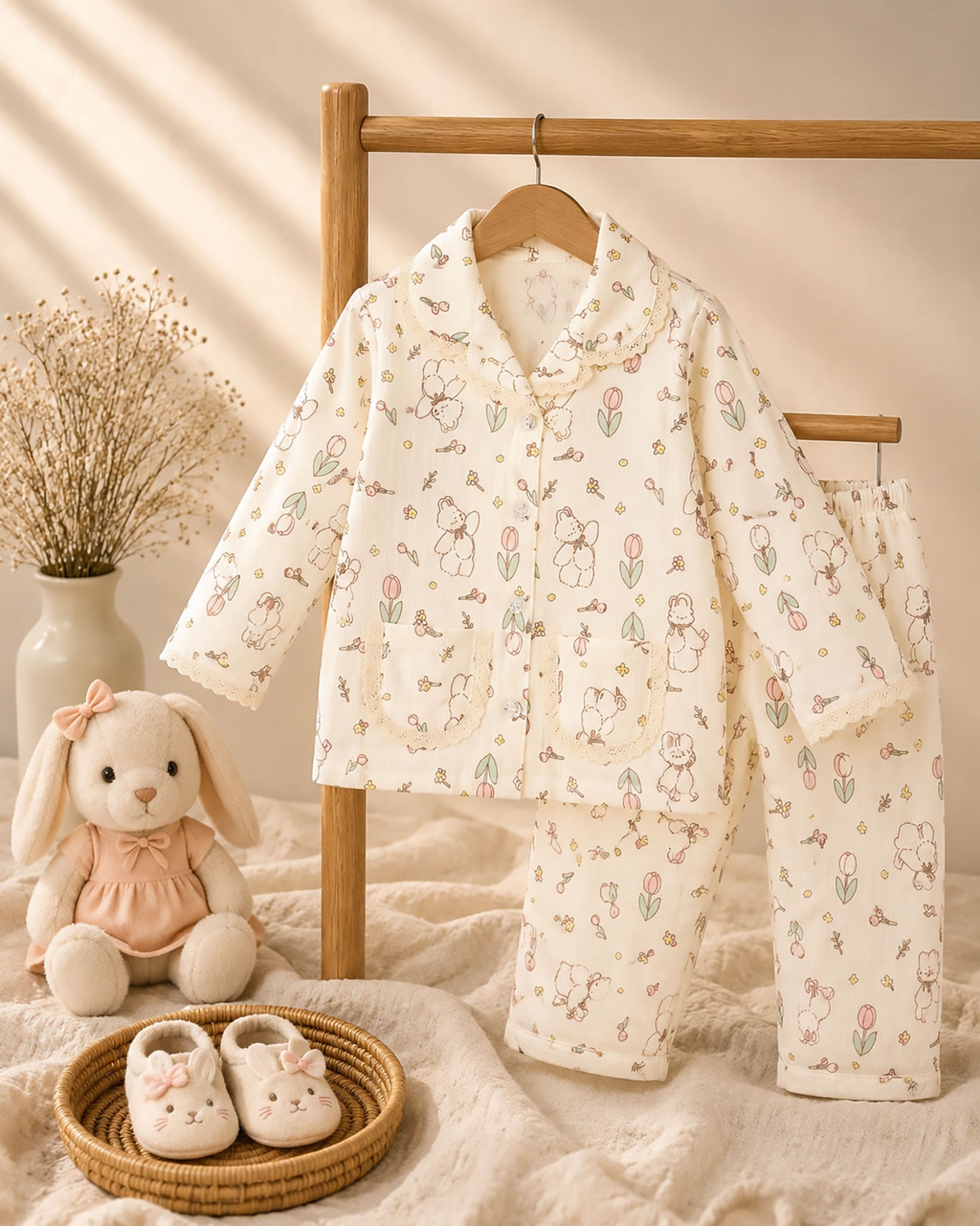 Tulip Bear Printed Lace Details Muslin Night Suit