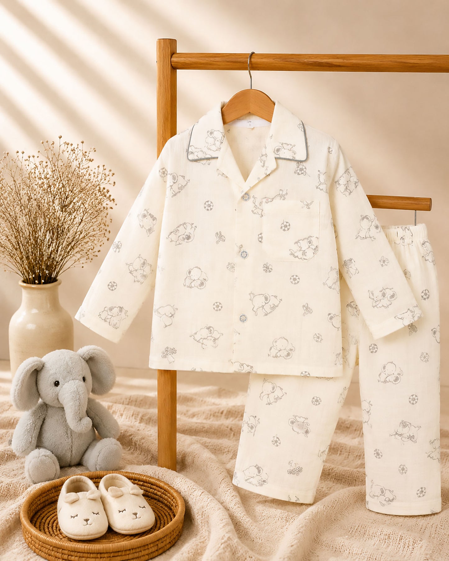 Baby Elle Doodle Printed Muslin Night Suit - Oatmeal