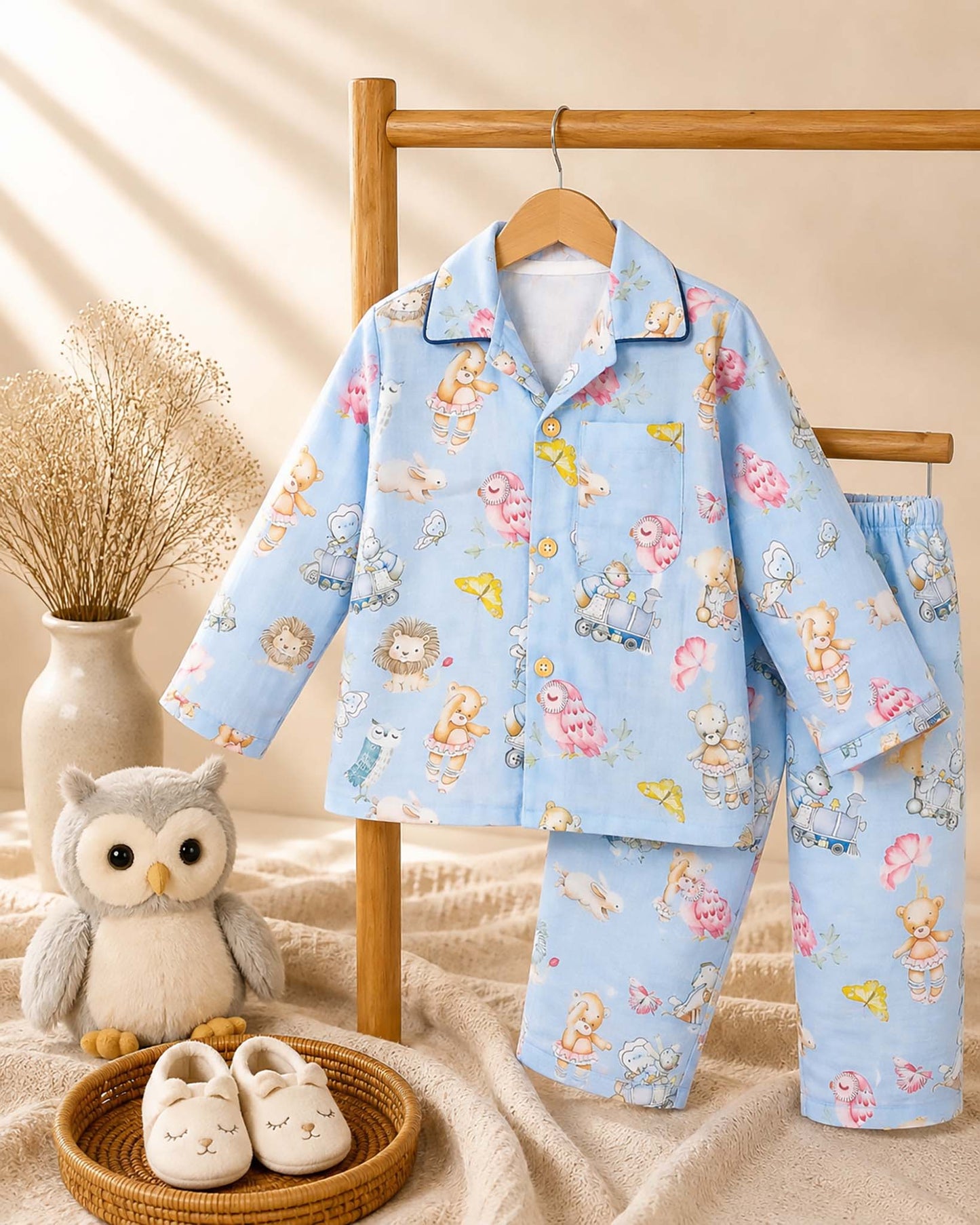 Baby Bear Life Printed Muslin Night Suit - Baby Blue