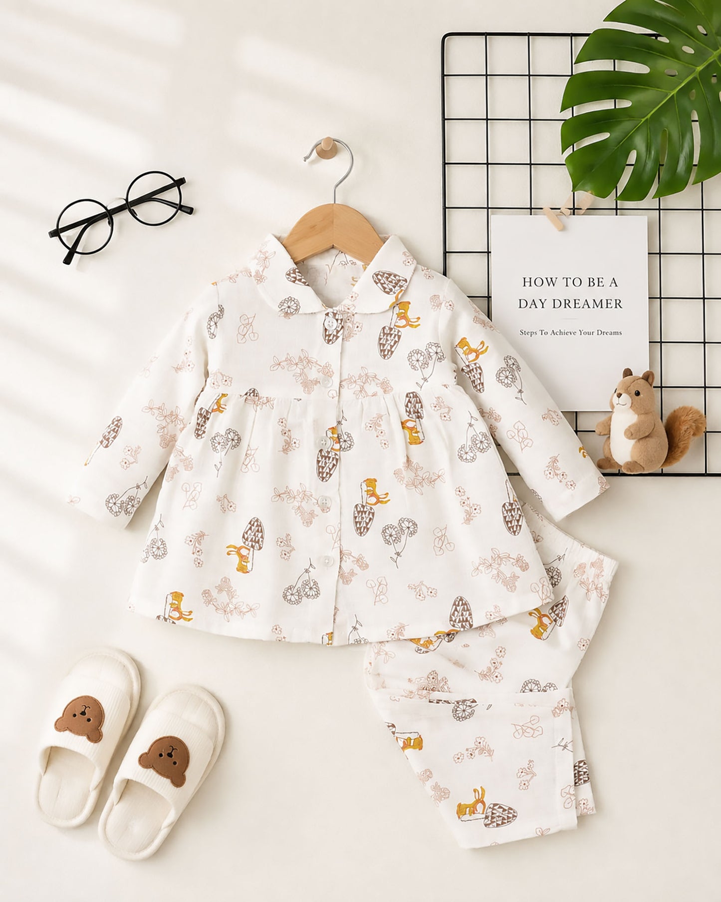 Pine Tree Printed Check Muslin Night Suit - Natural