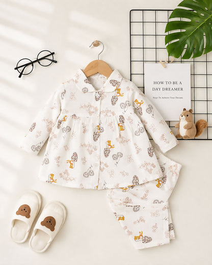 Pine Tree Printed Check Muslin Night Suit - Natural