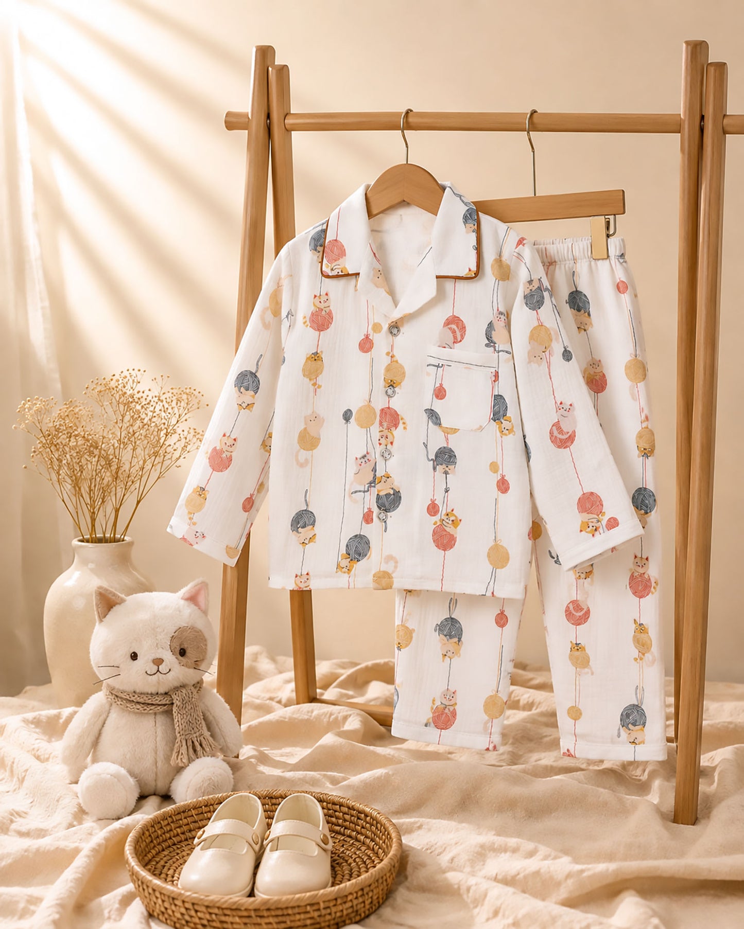 Vertical Playful Kitten Printed Muslin Night Suit