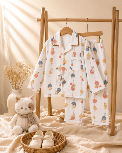 Vertical Playful Kitten Printed Muslin Night Suit