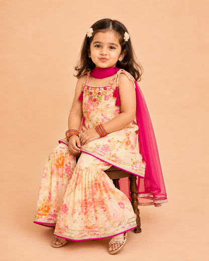 Watercolor Floral Print Straight Kurti & Sharara Set