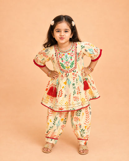 Flower Abstract Embroidered Kurti / Patiala Set