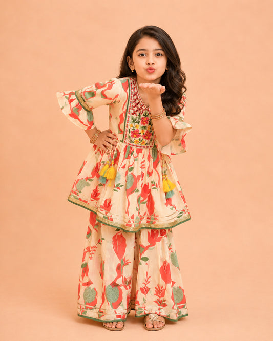 Floral Abstract Printed Flare Kurti / Sharara Set - Butter