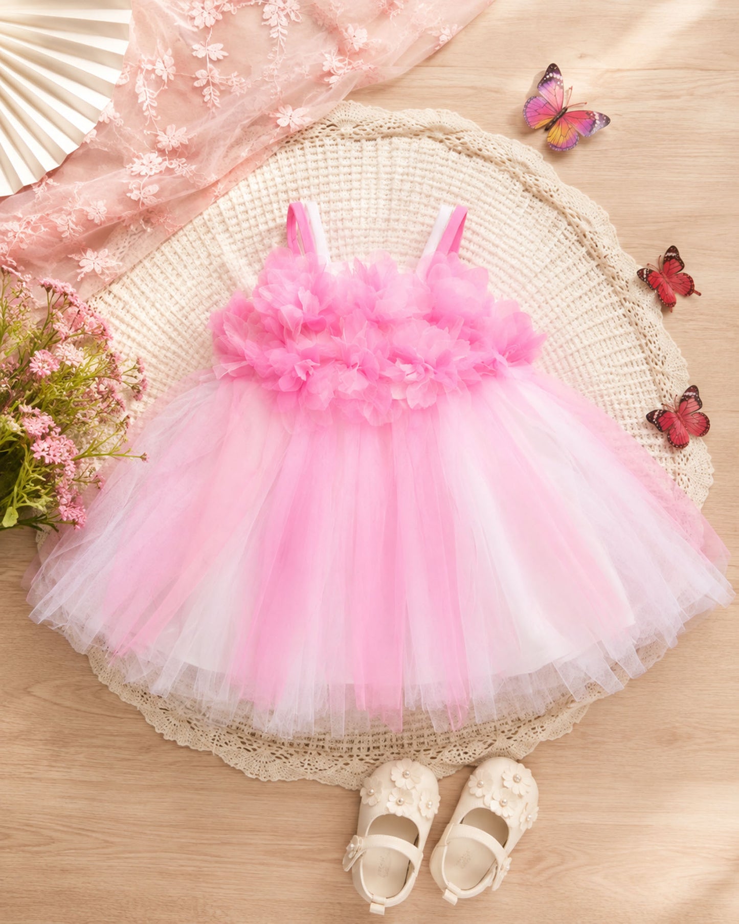 Floral 3d Ruffel Tulle Overlapping Frock Dress