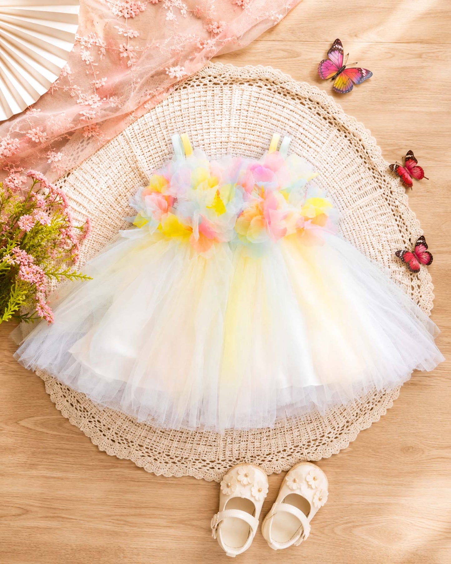 Floral 3d Ruffel Tulle Overlapping Frock Dress