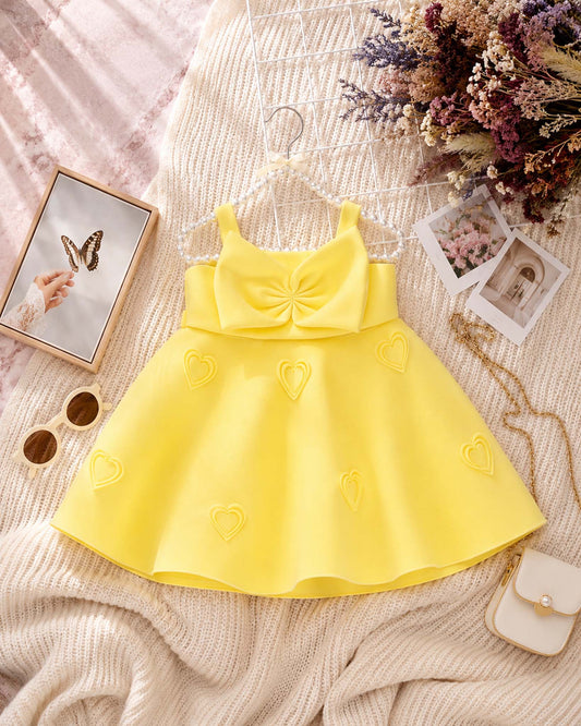 3d Heart Applique Sleeveless Frock With Big Bow